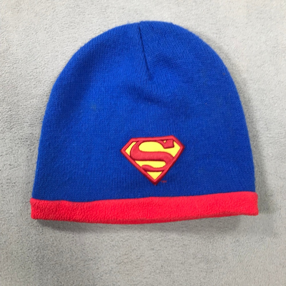 Vintage Y2K DC Comics Superman Beanie Men OSFM Blue Red Fleece Lined Knit Hat